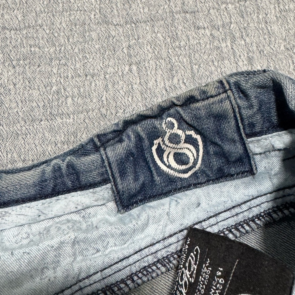8732 EMBROIDERED Y2K 90s JEAN SHORTS Young Jeezy HIP HOP SKULL BAGGY 42 x 15.5 - Picture 5 of 11